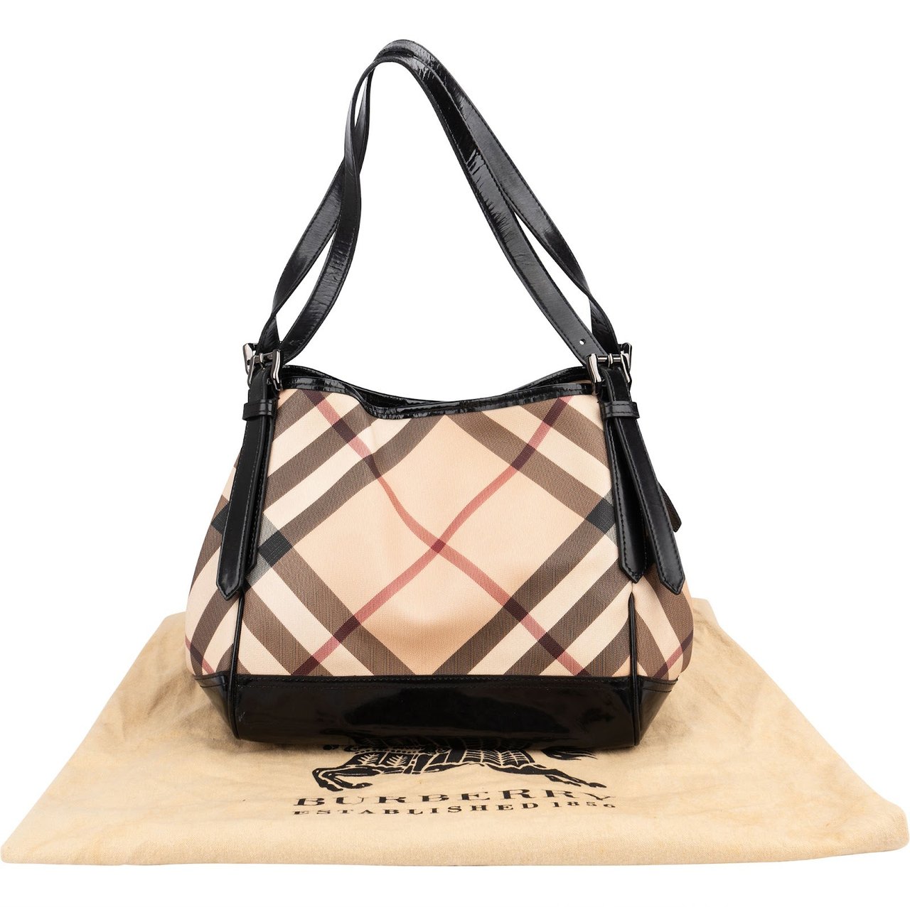 Burberry Nova-Check Monogram Patent Leather Canterbury Tote Shoulder Bag Beige