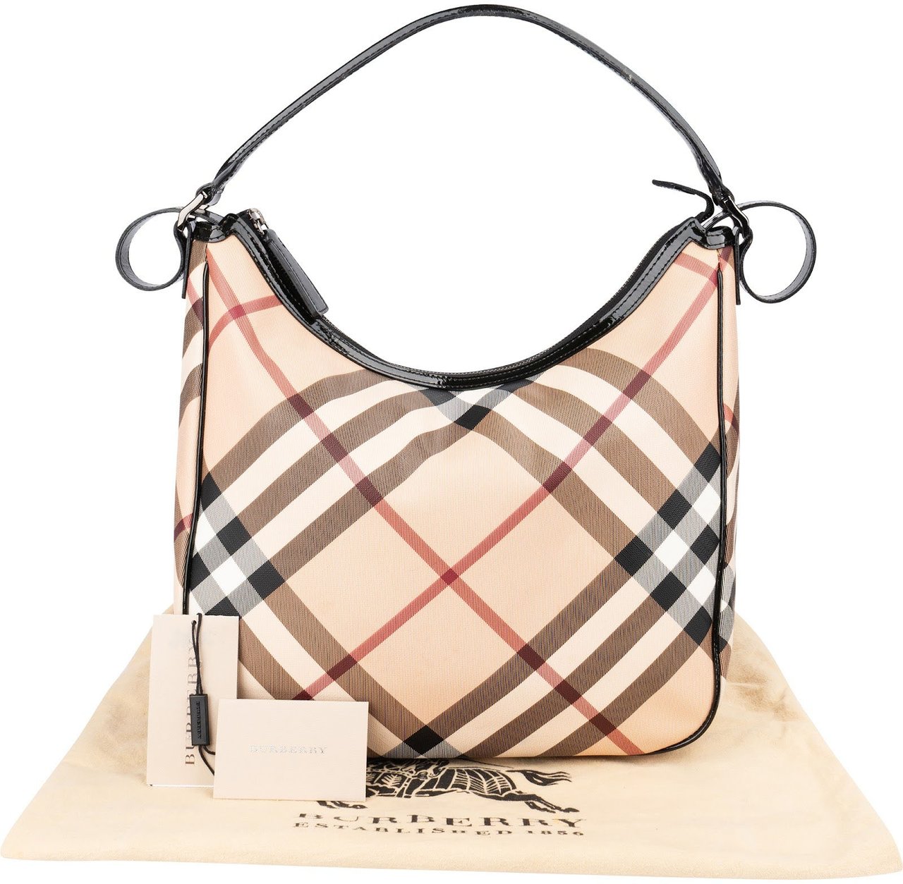 Burberry Nova-Check Monogram Hobo Shoulder Bag Beige