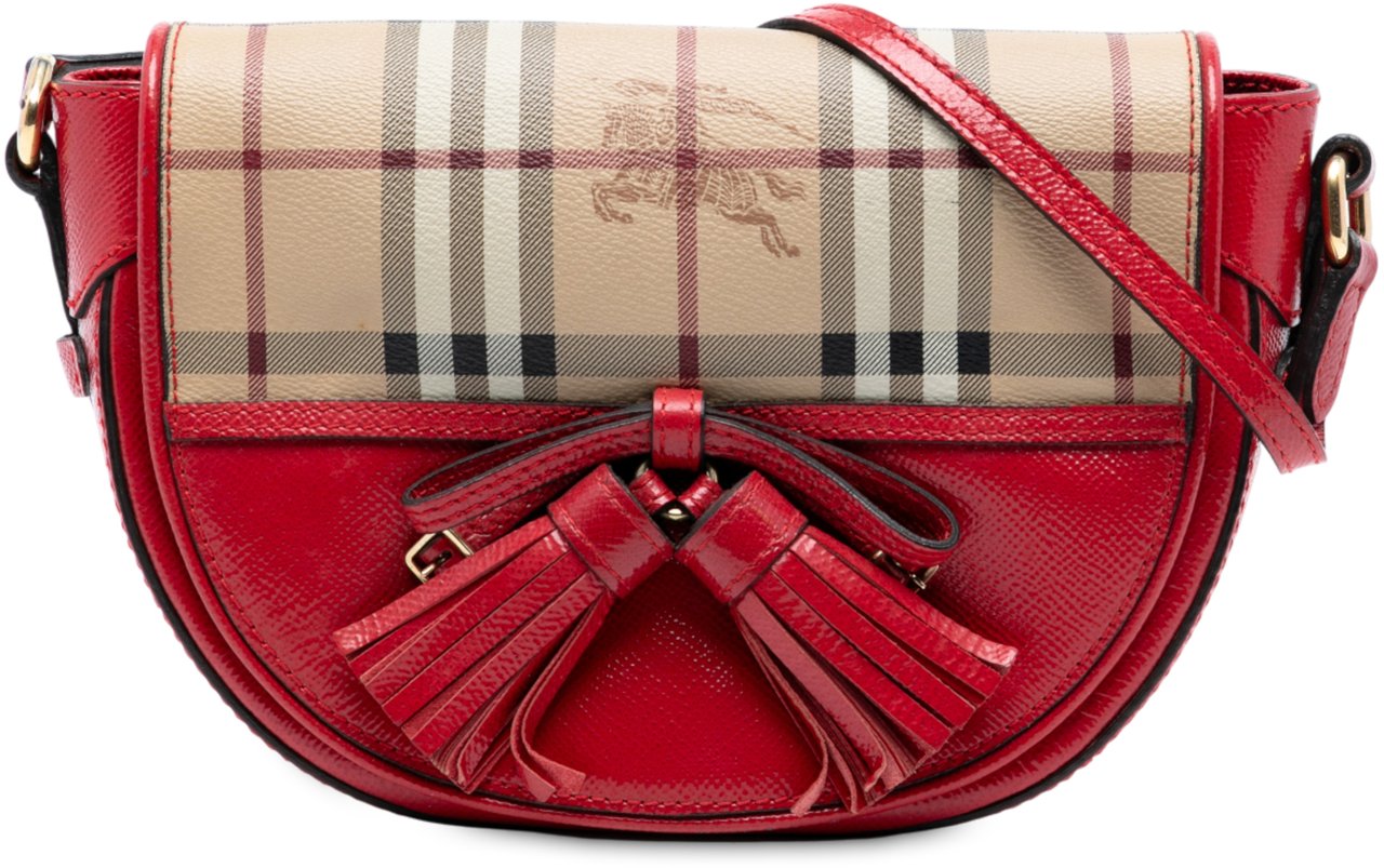 Burberry Patent Leather and Haymarket Check Coated Canvas Maydown Crossbody Rood