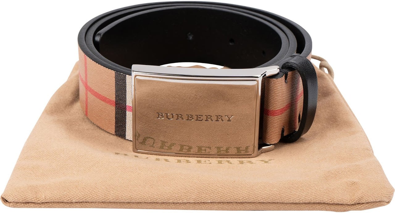 Burberry Nova Check Monogram Plaque Buckle Belt (32 / 80) Beige