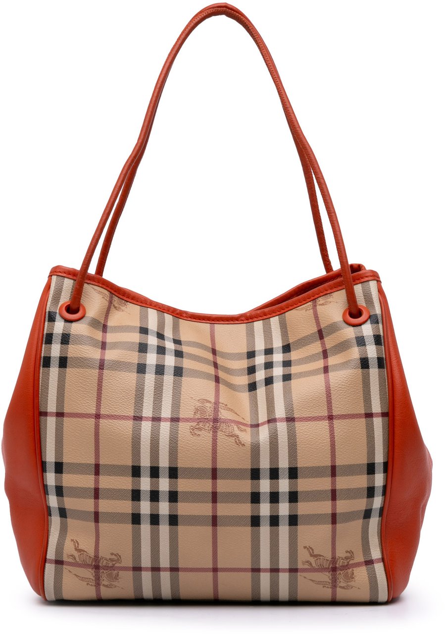Burberry Small Leather Trimmed Haymarket Check Coated Canvas Canterbury Tote Bruin