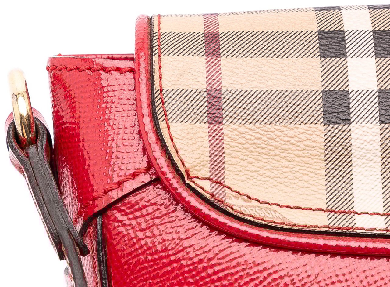 Burberry Patent Leather and Haymarket Check Coated Canvas Maydown Crossbody Rood