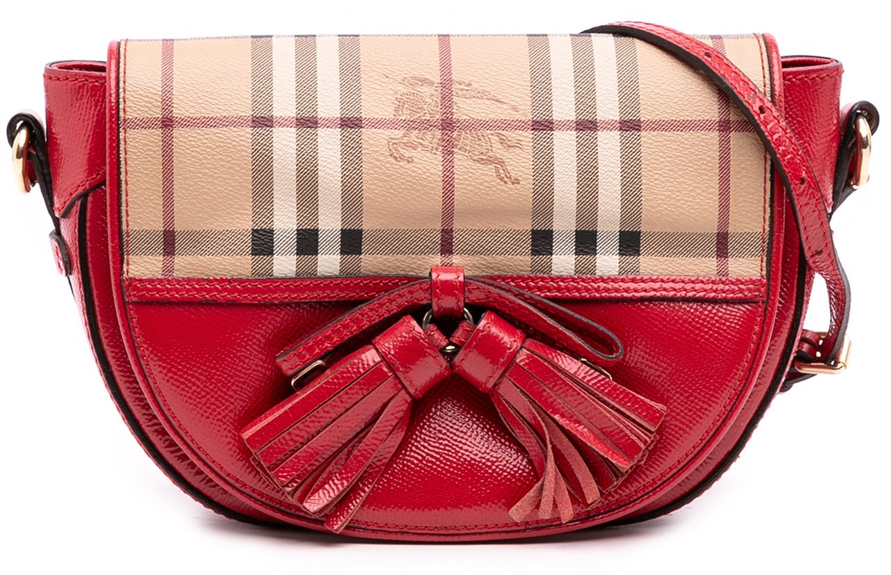 Burberry Patent Leather and Haymarket Check Coated Canvas Maydown Crossbody Rood