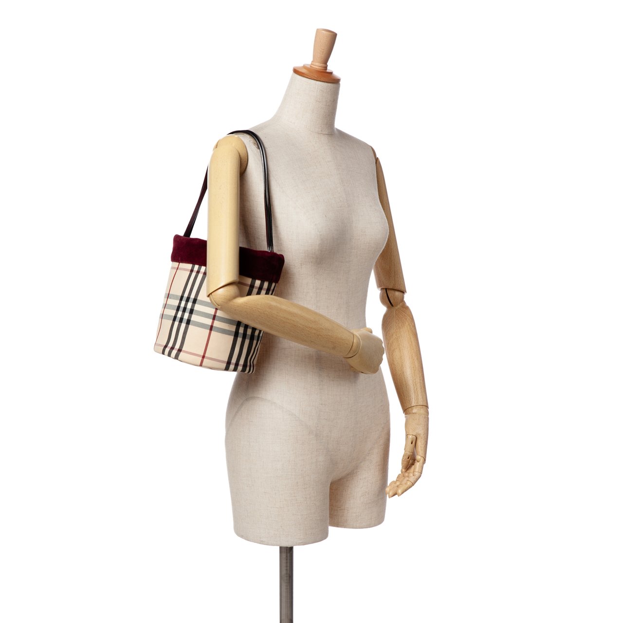 Burberry Velvet Trimmed House Check Canvas Bucket Bag Bruin