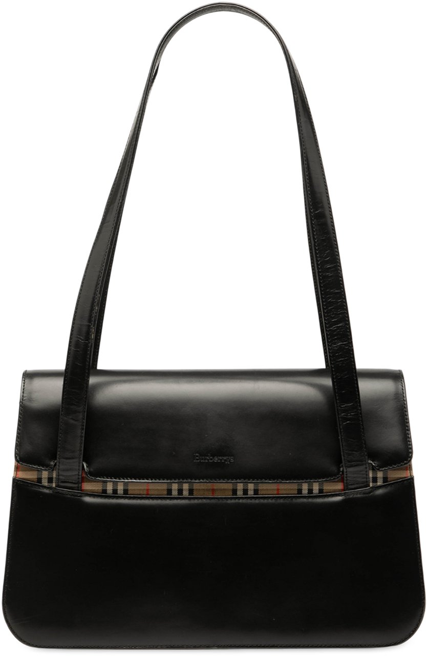 Burberry House Check Trimmed Leather Shoulder Bag Zwart