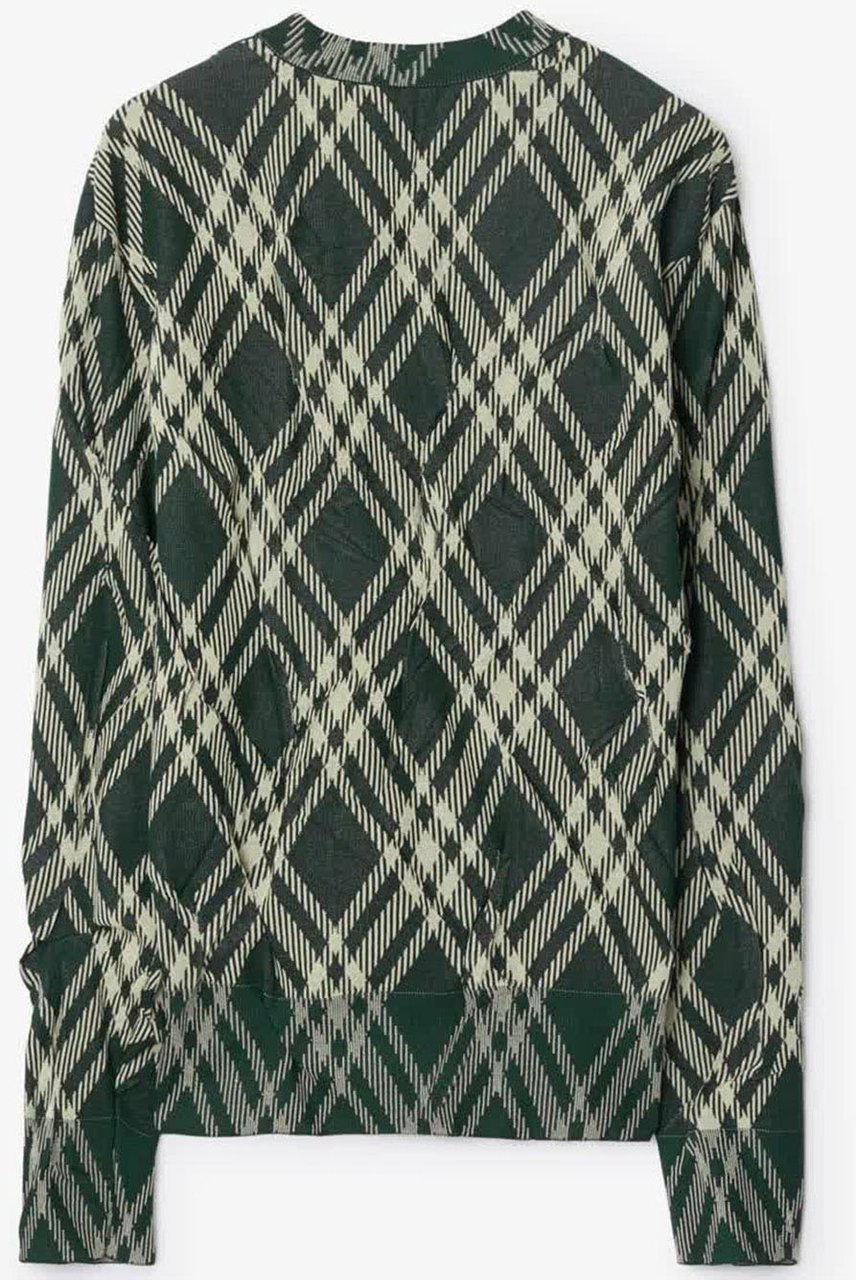 Burberry Check Pattern Pleated Cotton Blend Sweater Grijs