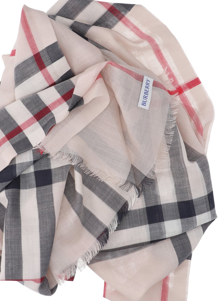 Burberry Grey Check Silk-Wool Fringed Scarf Grijs