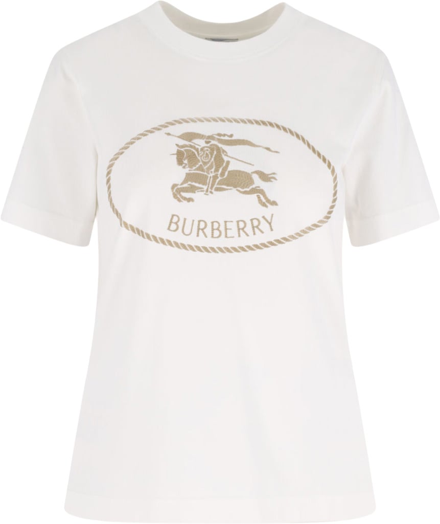 Burberry Crew Neck T-Shirt with Oversized Beige Logo Wit