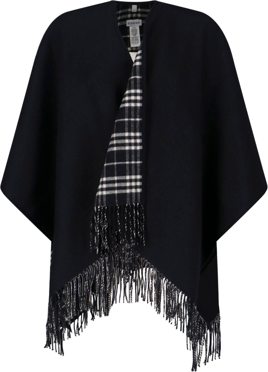 Burberry Black Reversible Check Wool Fringed Cape Zwart