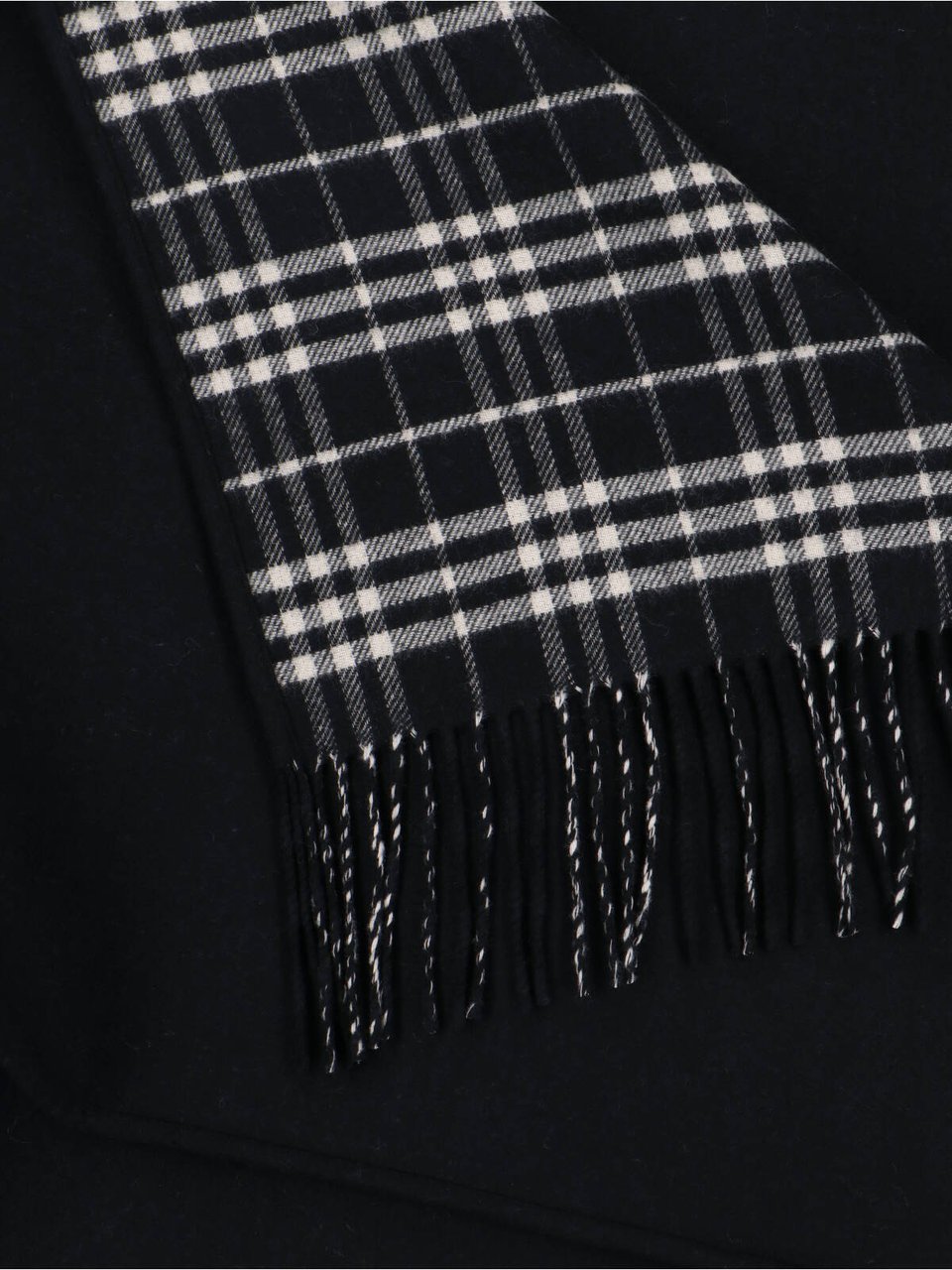 Burberry Black Reversible Check Wool Fringed Cape Zwart
