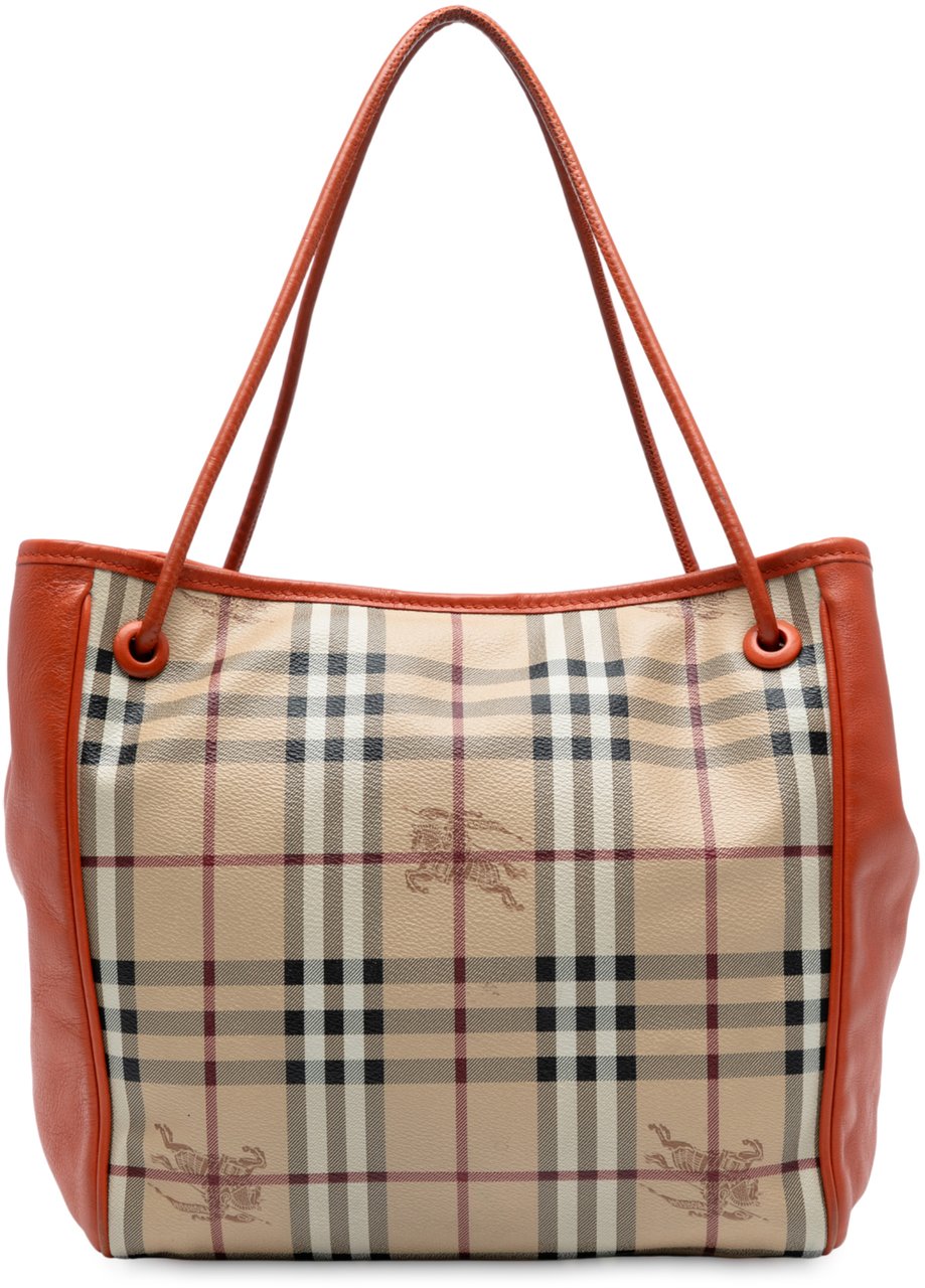 Burberry Small Leather Trimmed Haymarket Check Coated Canvas Canterbury Tote Bruin