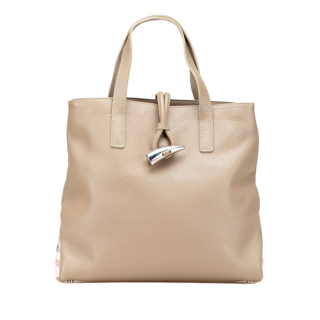 Burberry House Check Trimmed Grainy Calfskin Horn Toggle Tote Bruin