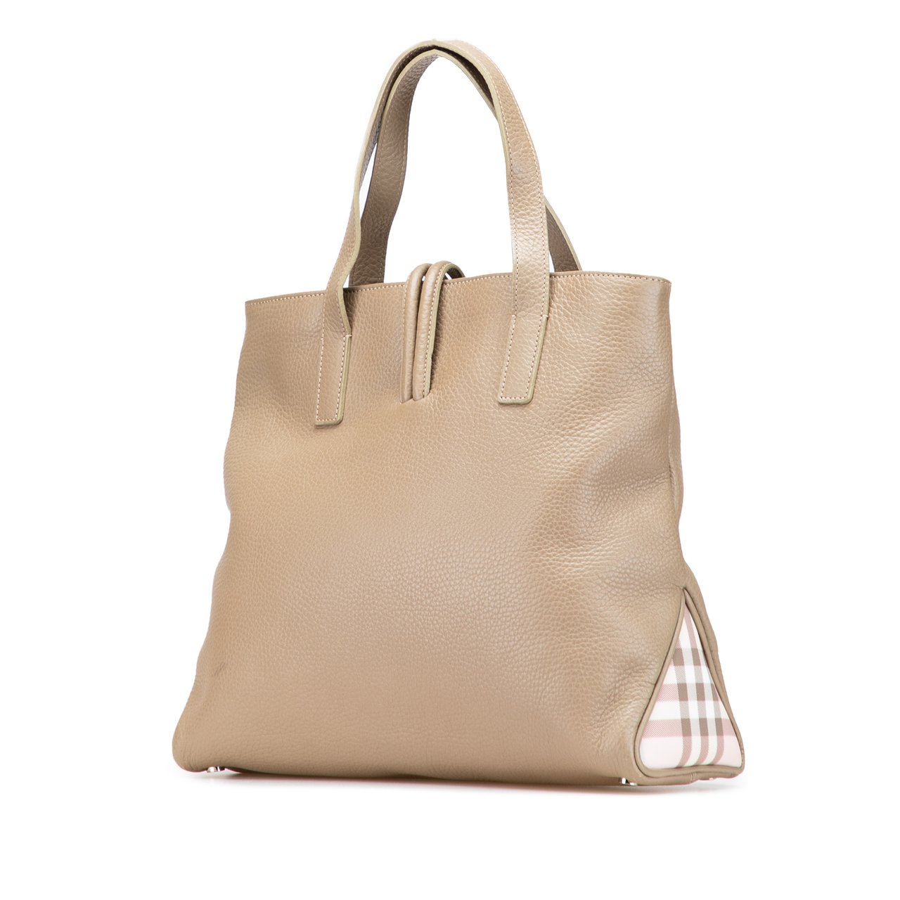 Burberry House Check Trimmed Grainy Calfskin Horn Toggle Tote Bruin