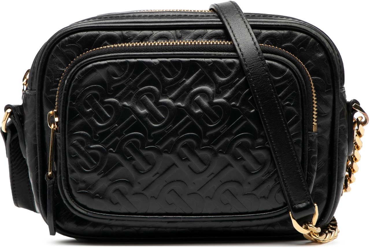 Burberry Embossed Calfskin TB Monogram Camera Chain Crossbody Zwart