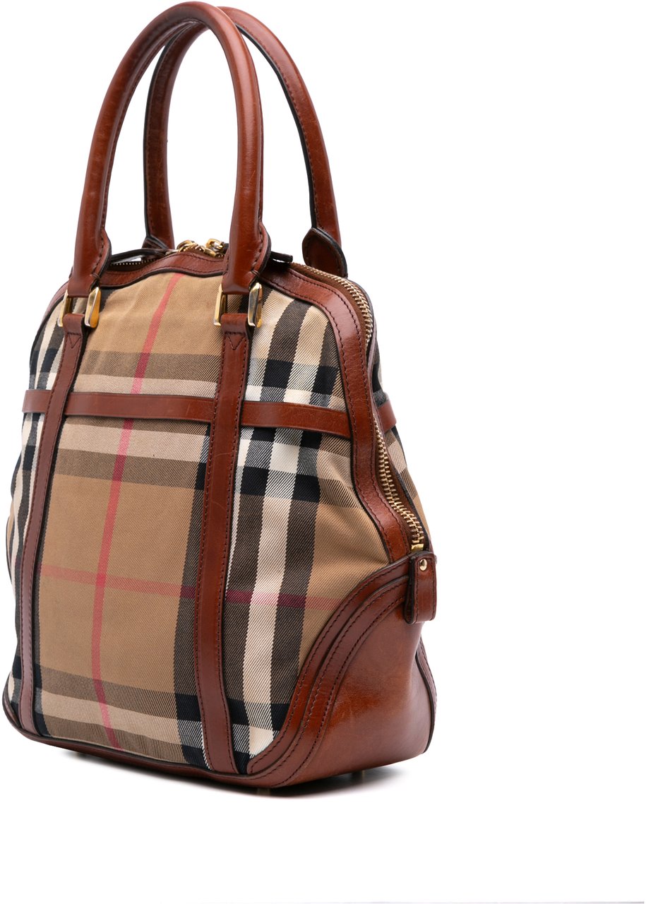 Burberry Small Leather Trimmed House Check Canvas Bridle Orchard Satchel Bruin