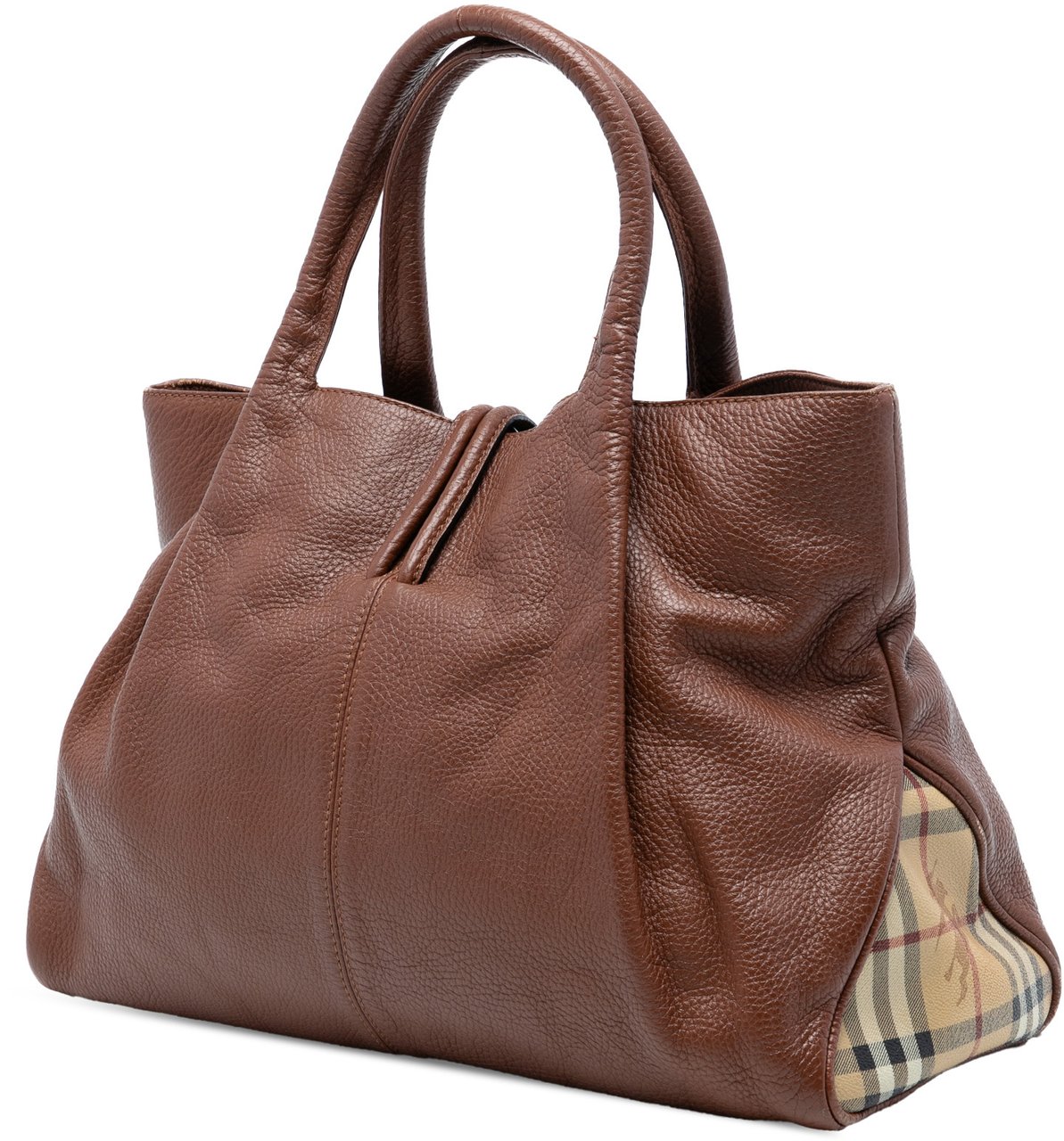 Burberry Medium House Check Trimmed Leather Horn Toggle Tote Bruin