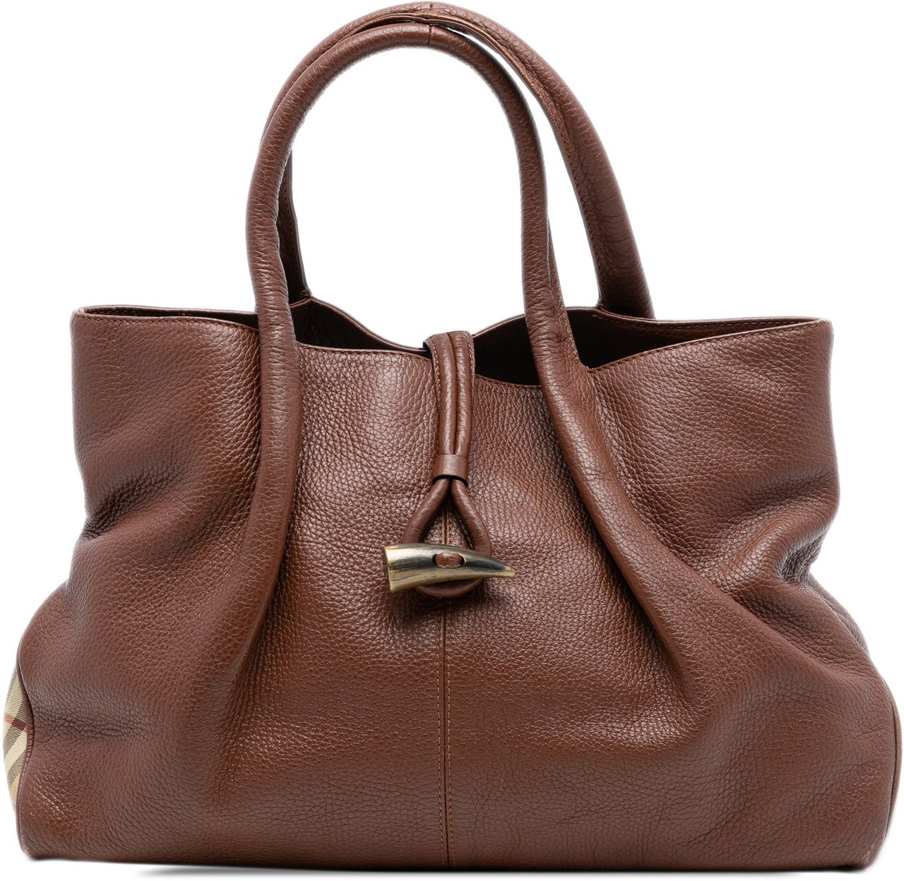 Burberry Medium House Check Trimmed Leather Horn Toggle Tote Bruin