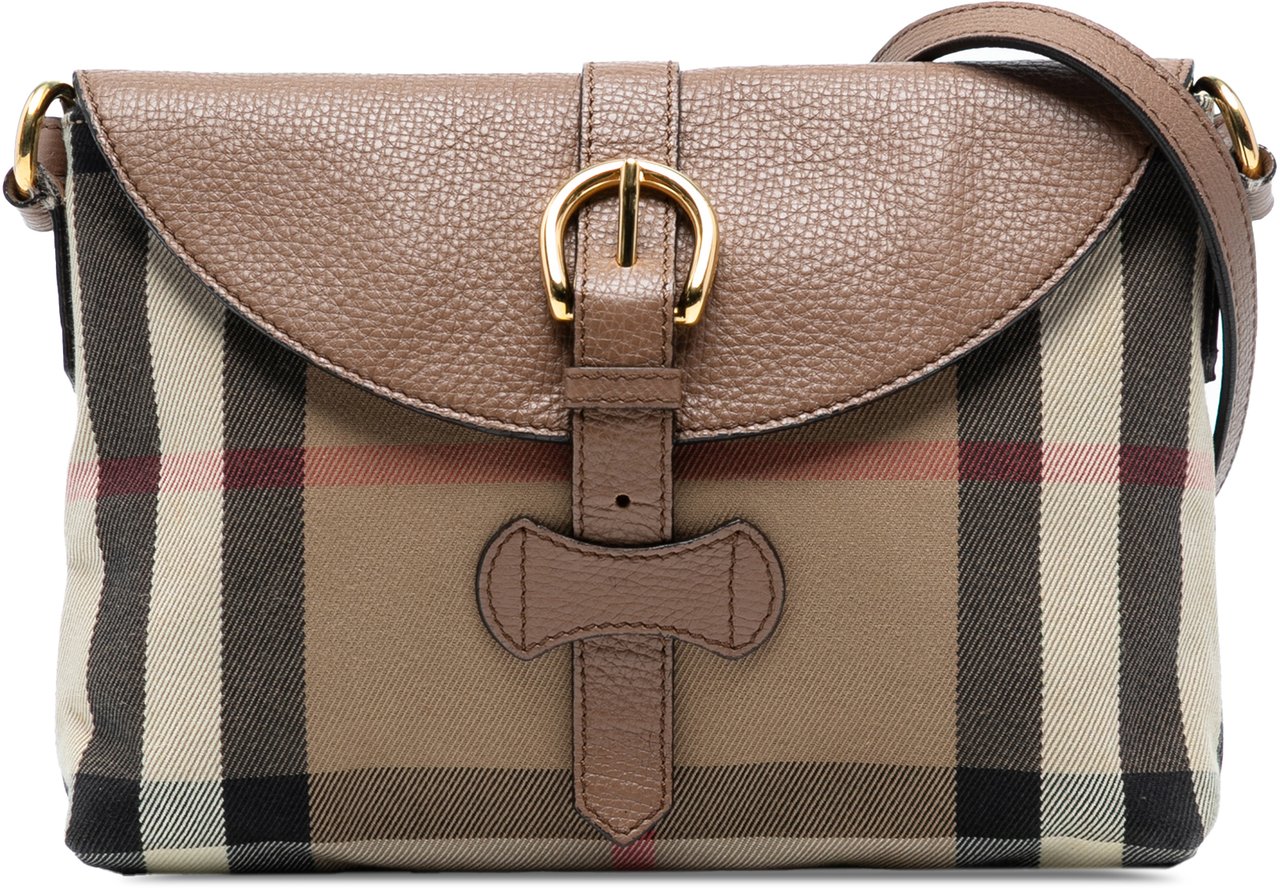 Burberry Small House Check Canvas and Leather Horseshoe Milton Crossbody Bruin