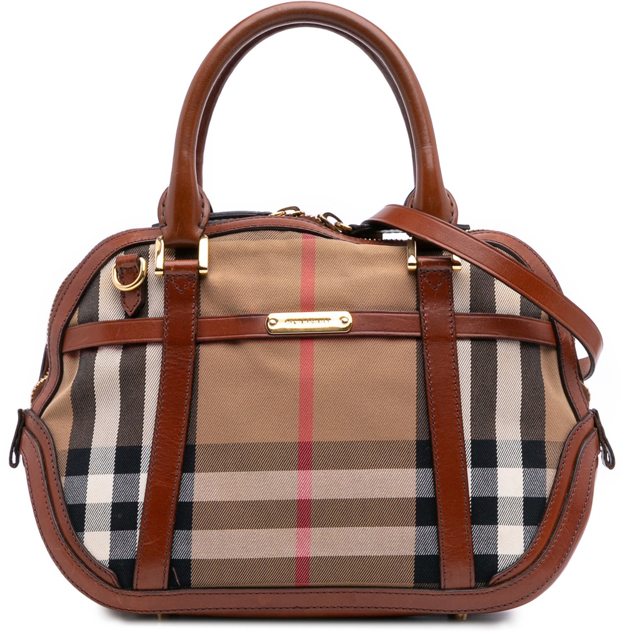 Burberry Small Leather Trimmed House Check Canvas Bridle Orchard Satchel Bruin