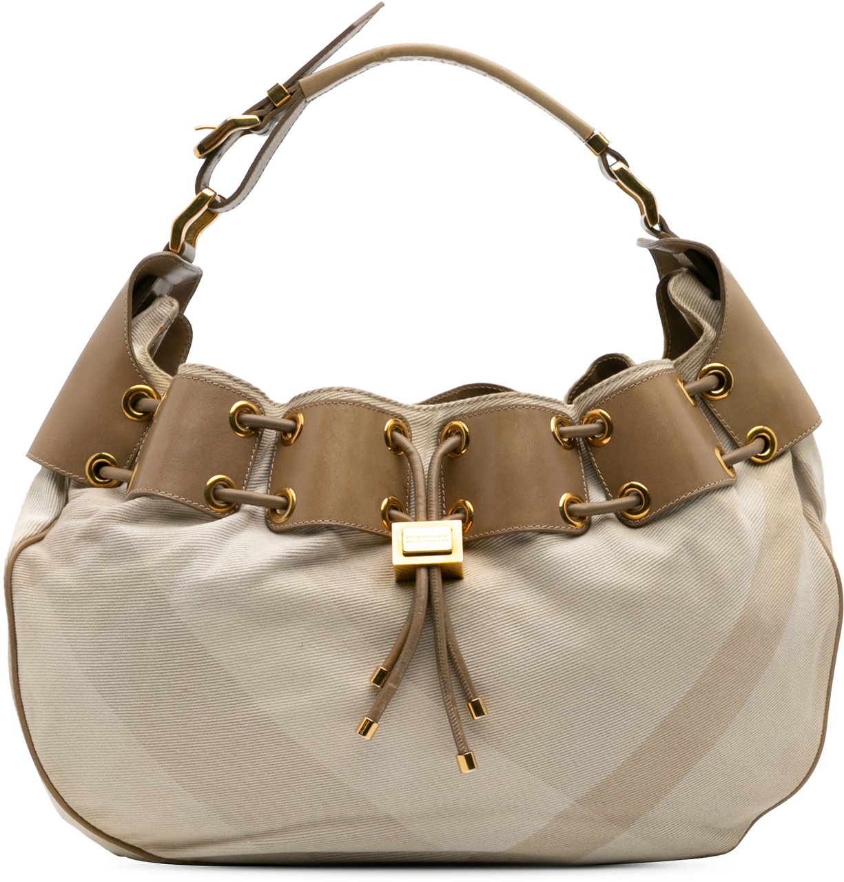 Burberry Small Leather and Mega Nova Check Canvas Warrior Hobo Bruin