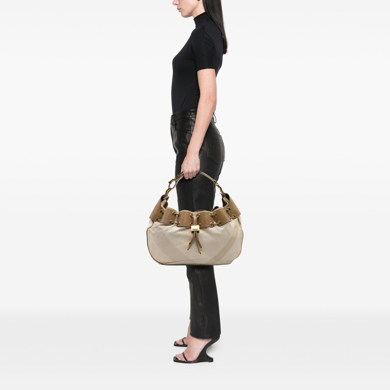 Burberry Small Leather and Mega Nova Check Canvas Warrior Hobo Bruin