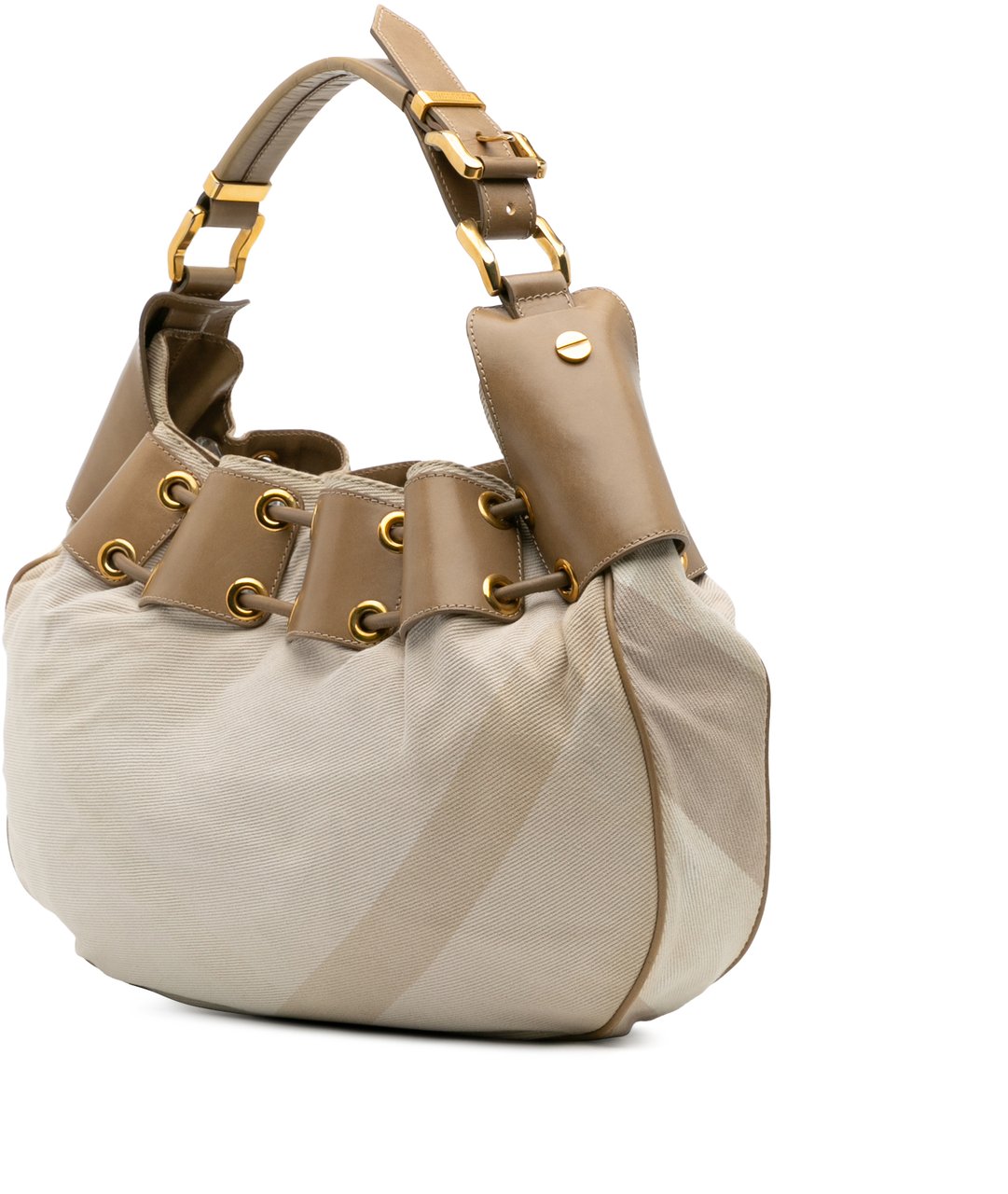 Burberry Small Leather and Mega Nova Check Canvas Warrior Hobo Bruin