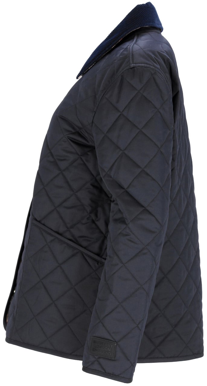 Burberry Quilted Blue Jacket With Corduroy Collar And Signature Details Zwart
