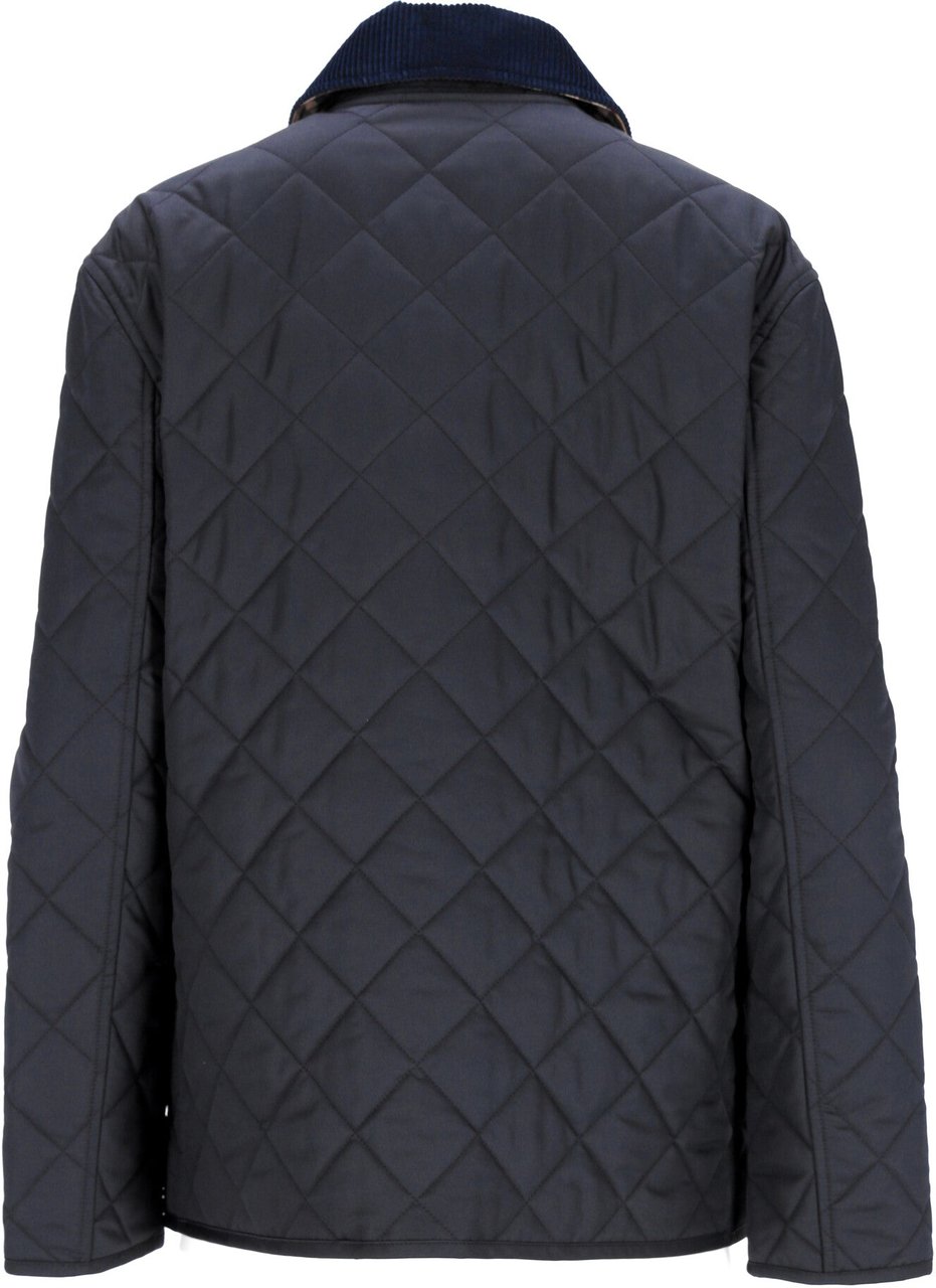 Burberry Quilted Blue Jacket With Corduroy Collar And Signature Details Zwart