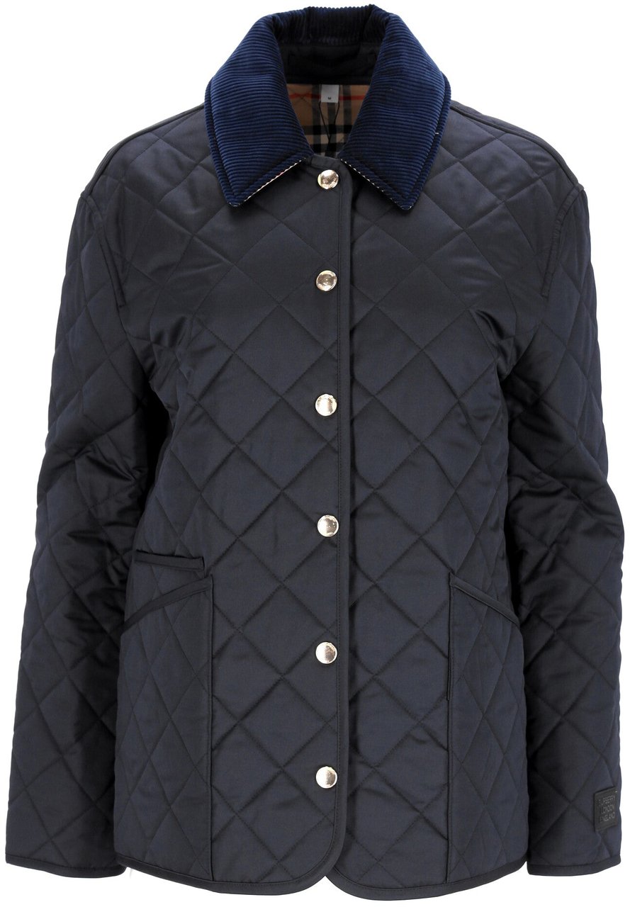 Burberry Quilted Blue Jacket With Corduroy Collar And Signature Details Zwart