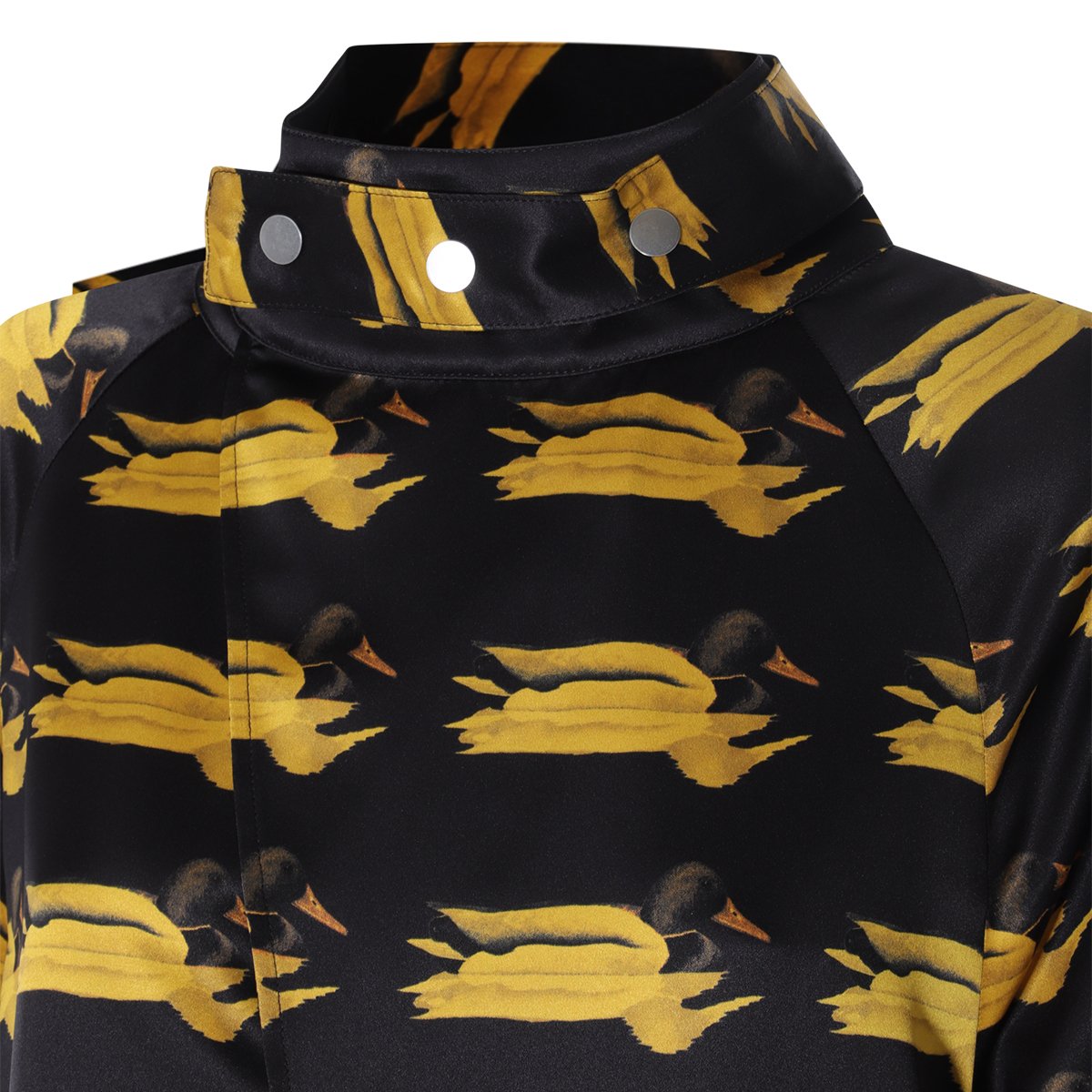 Burberry Pear Print Silk Dress With High Collar And Button Closure Zwart