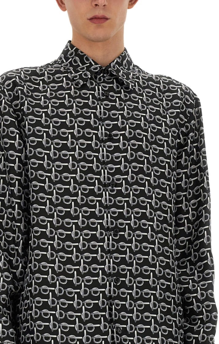 Burberry Black Silk Shirt With Modern Pattern Zwart