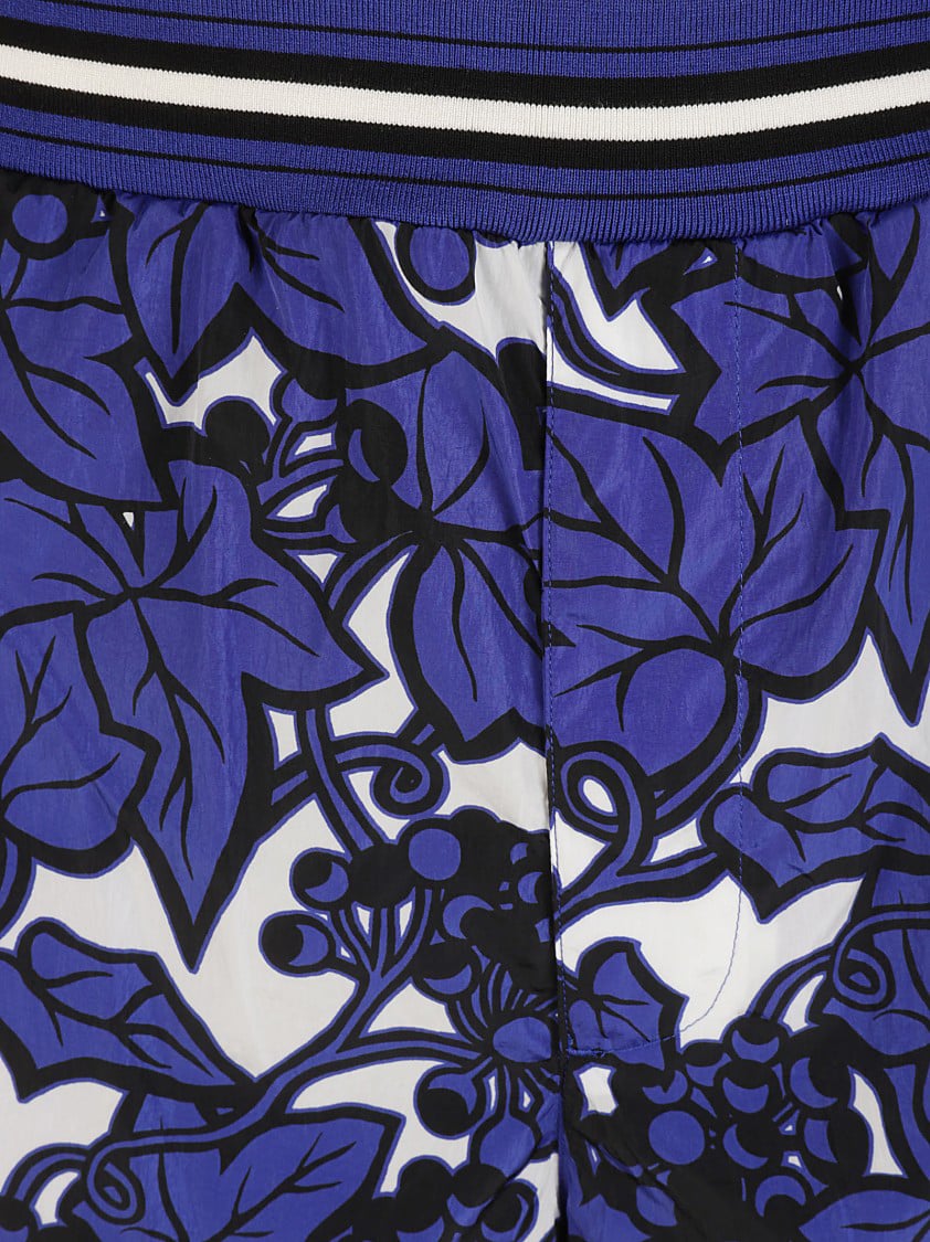 Burberry Floral Patterned Blue Shorts With Striped Waistband Zwart
