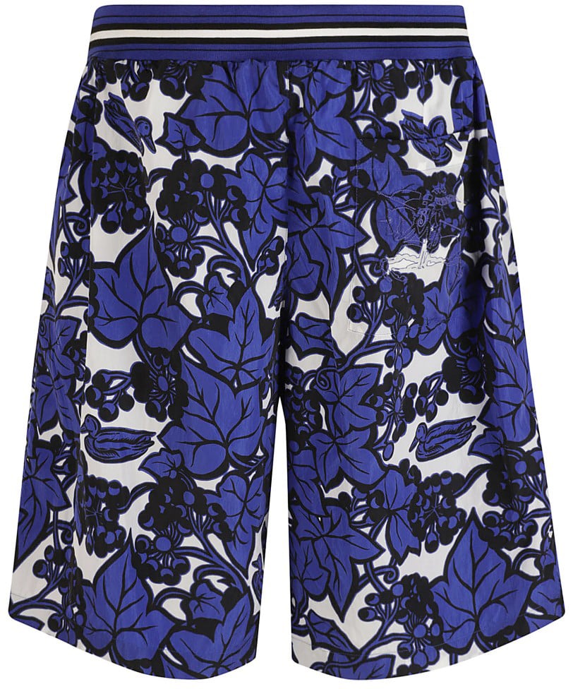 Burberry Floral Patterned Blue Shorts With Striped Waistband Zwart