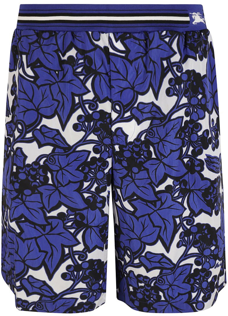 Burberry Floral Patterned Blue Shorts With Striped Waistband Zwart