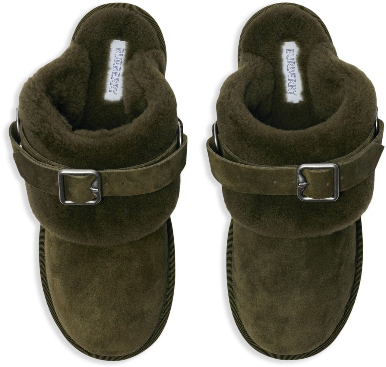 Burberry Chubby Suede Shearling Buckle Mules Zwart