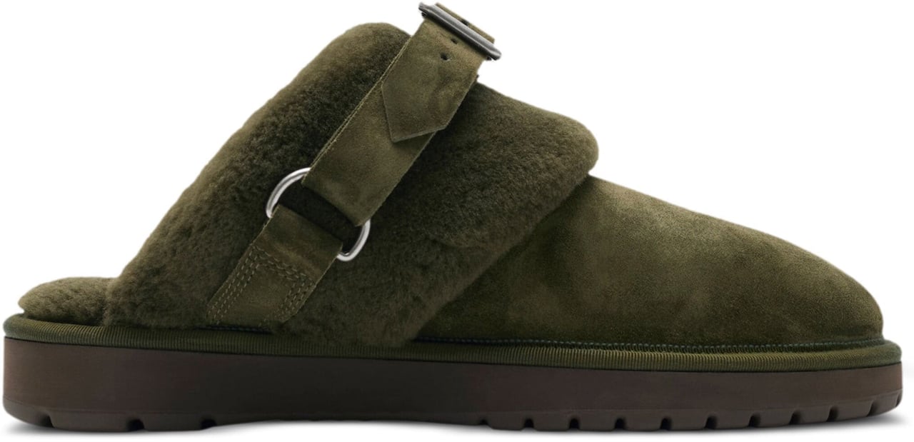 Burberry Chubby Suede Shearling Buckle Mules Zwart