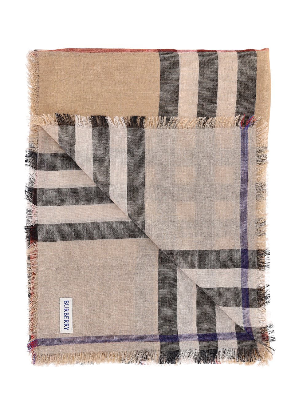 Burberry Beige Check Wool and Silk Scarf with Fringed Edges Neutraal