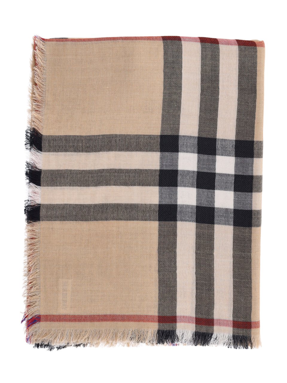 Burberry Beige Check Wool and Silk Scarf with Fringed Edges Neutraal