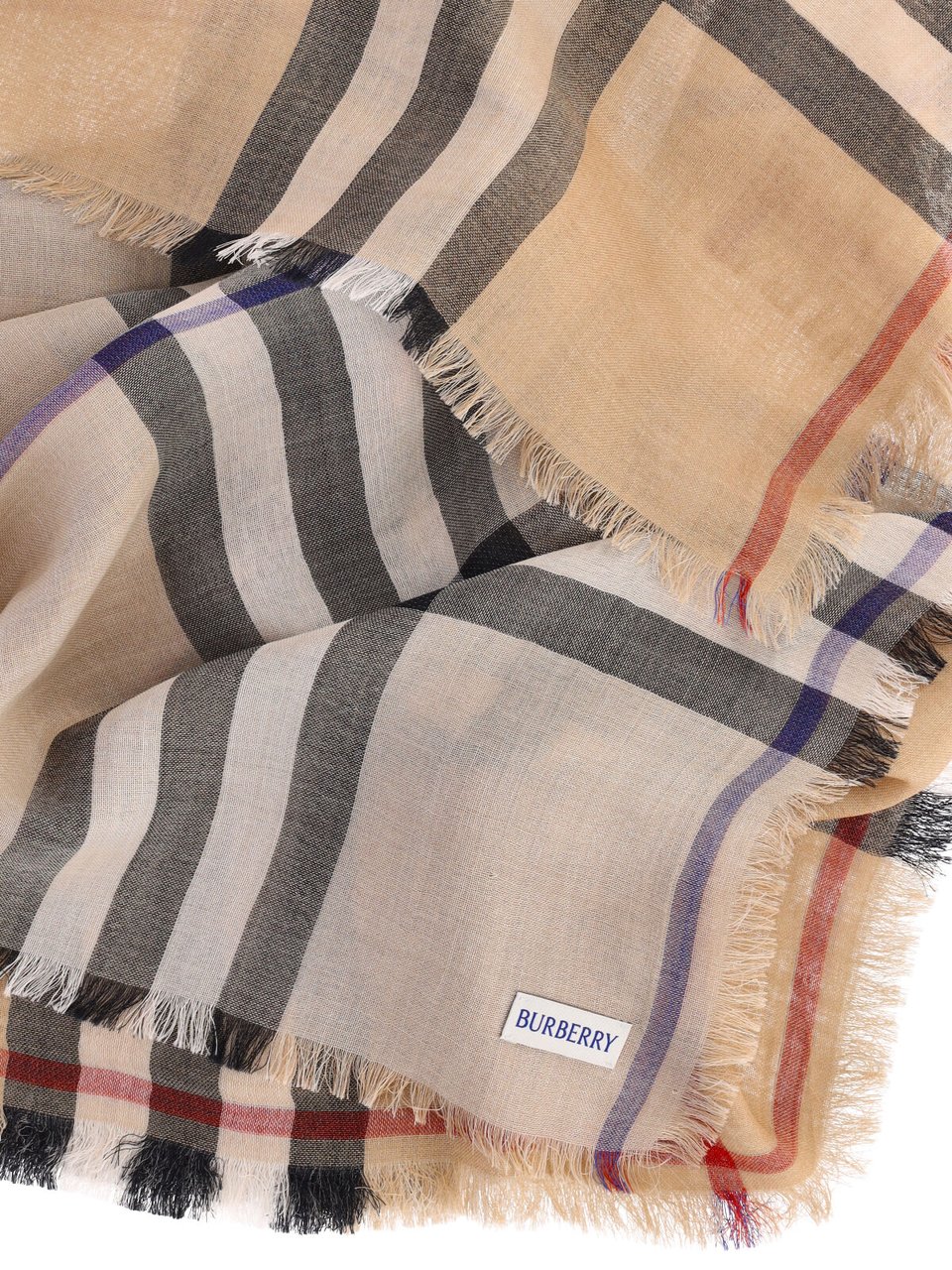 Burberry Beige Check Wool and Silk Scarf with Fringed Edges Neutraal