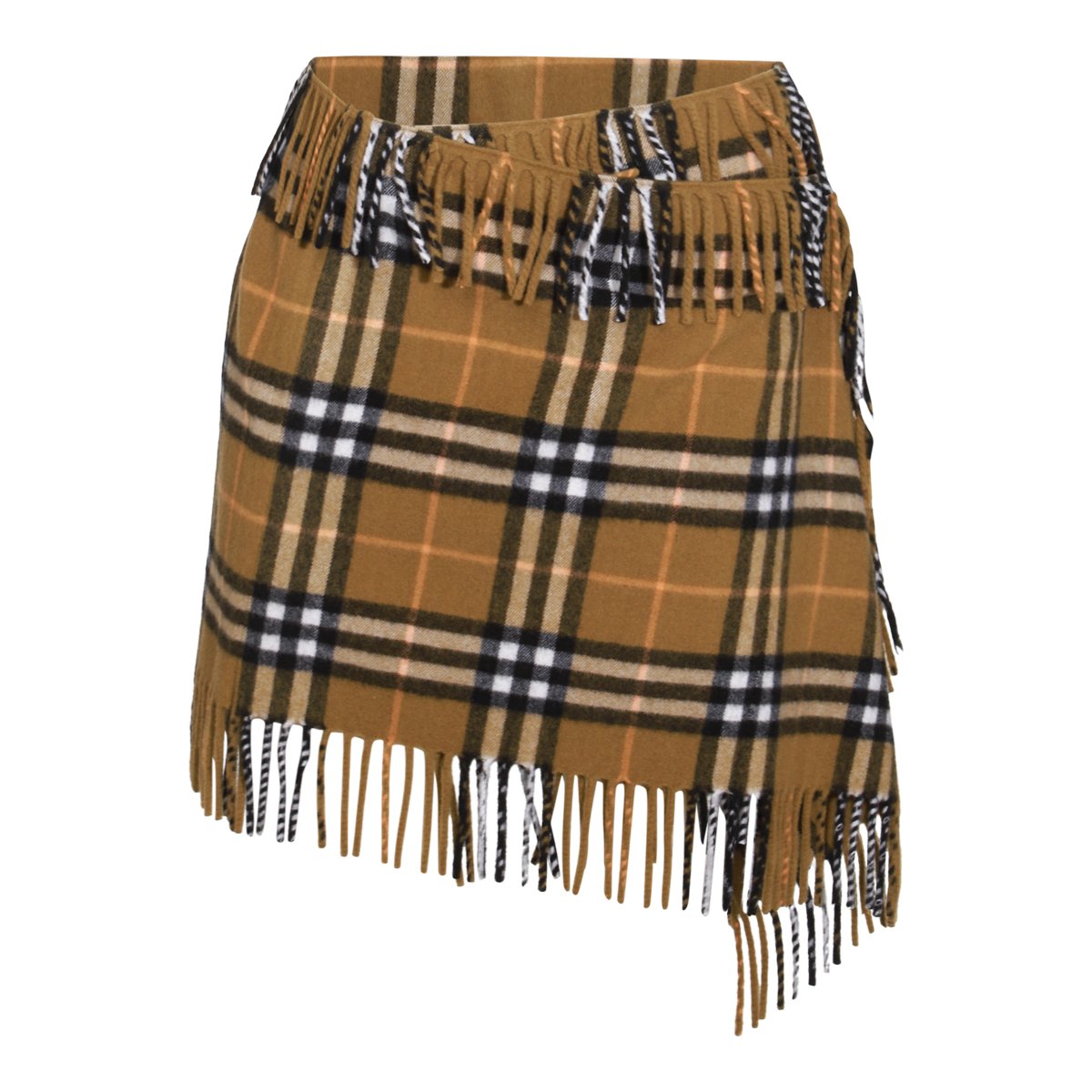 Burberry Midi Wool Skirt With Fringed Hem And Check Motif Bruin