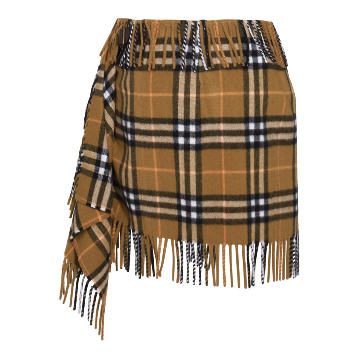 Burberry Midi Wool Skirt With Fringed Hem And Check Motif Bruin