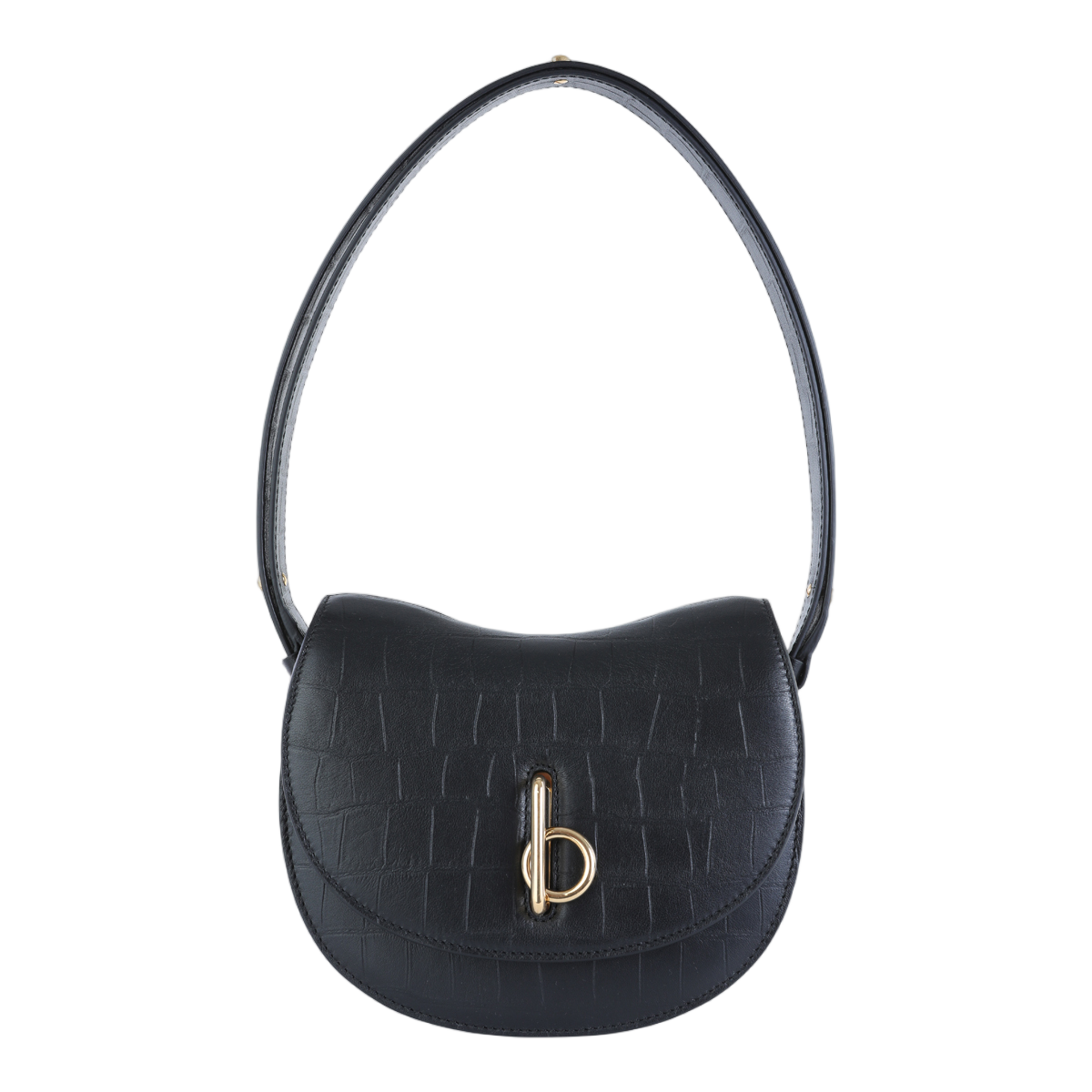 Burberry Textured Black Shoulder Bag With Curved Flap And Gold-Tone Clasp Zwart