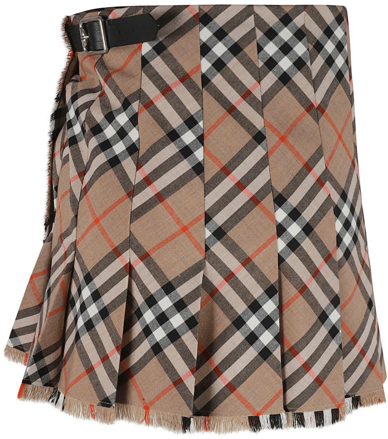 Burberry Plaid Pleated Skirt With Fringed Hem Bruin