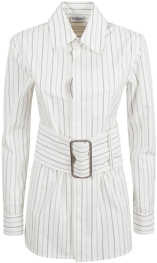 Burberry Vertical Striped Shirt With Belted Waist Wit