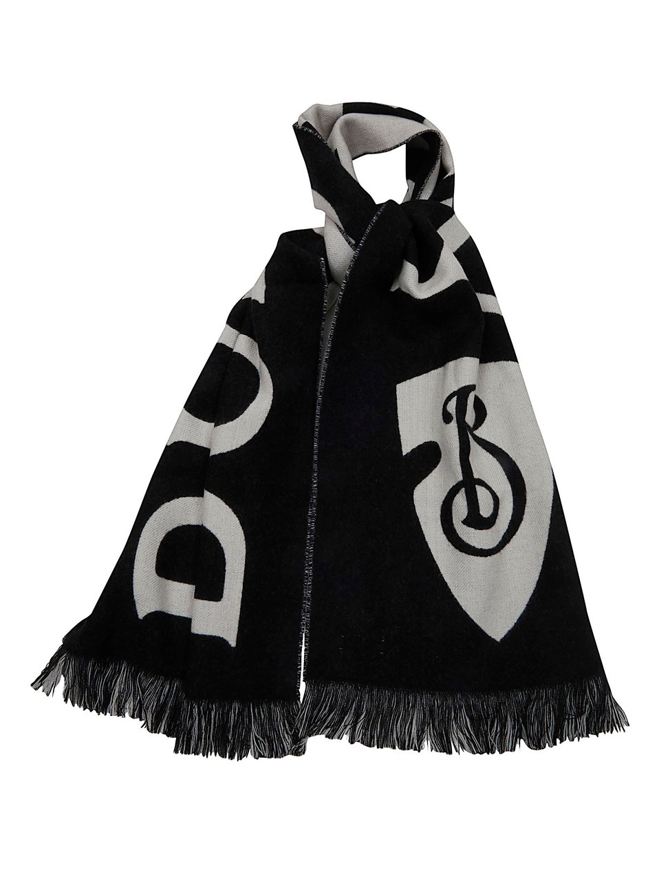 Burberry Fringed Rectangular Wool Scarf with Mini Logo Zwart