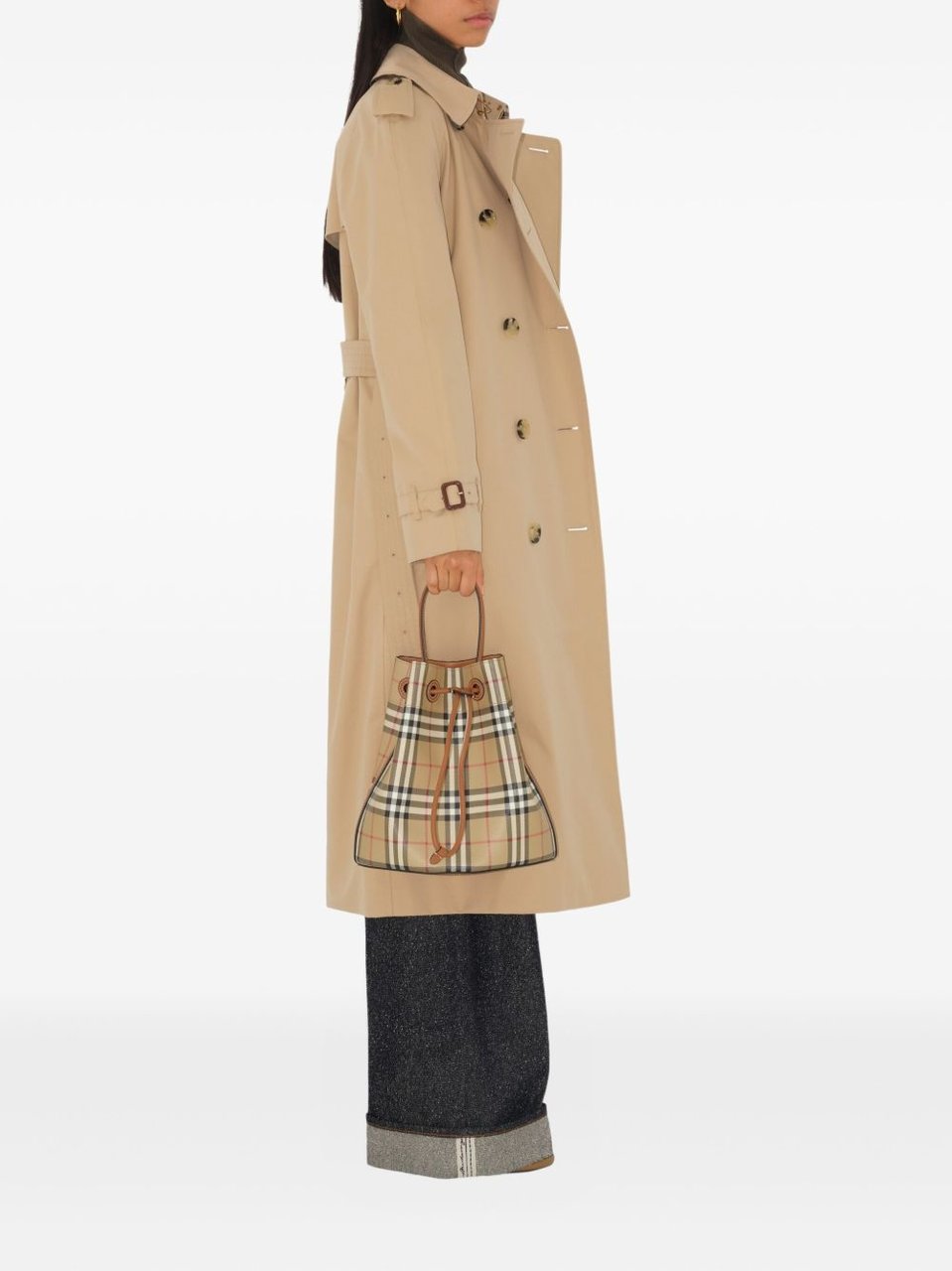 Burberry Multicolor Check Pattern Cotton Bucket Bag Neutraal