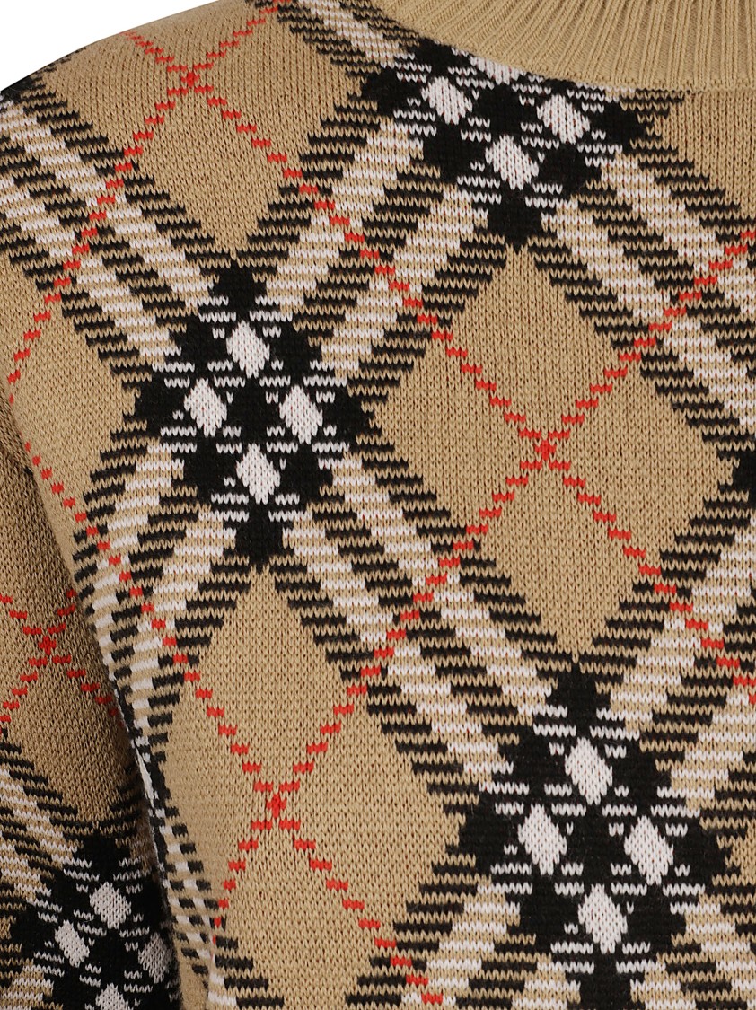 Burberry Plaid Crewneck Sweater With Ribbed Trims Neutraal