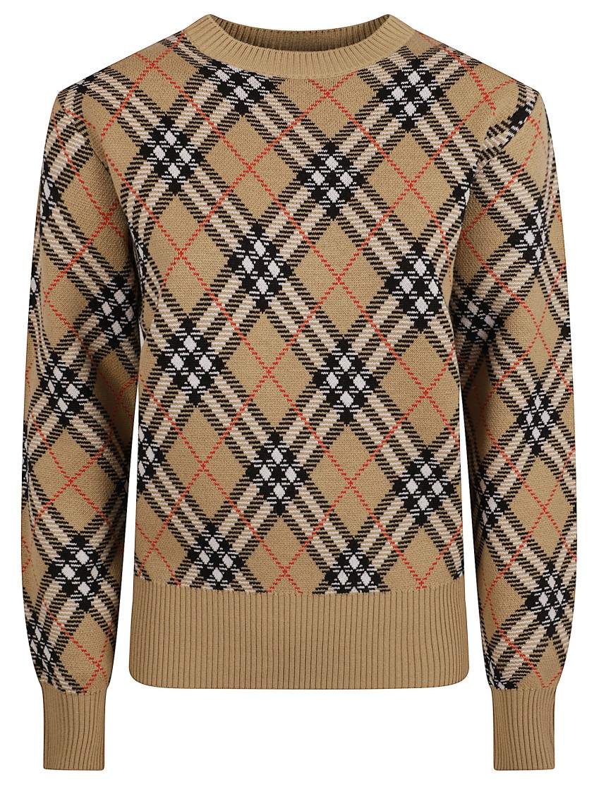 Burberry Plaid Crewneck Sweater With Ribbed Trims Neutraal