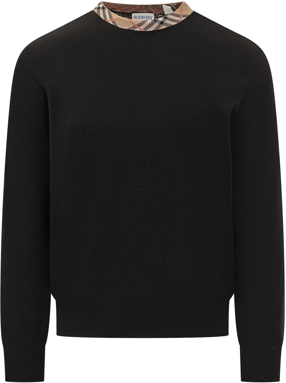 Burberry Maglia Girocollo Nera con Dettaglio Check Burberry Zwart
