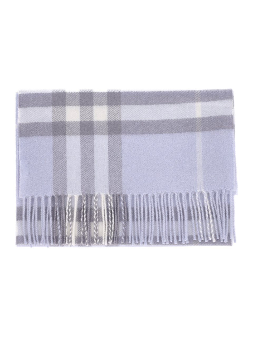 Burberry "Check" Scarf In Blue Cashmere, All-Over "Check" Pattern Grijs